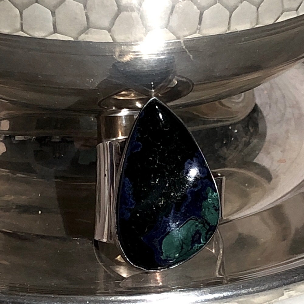Azurite Malachite Teardrop Gem Stone Sterling Silver Statement Ring size 11 - Picture 6 of 13